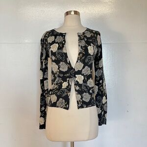 J.Crew 100% Merino Wool Cardigan White Grey Rose Flower Print on Black